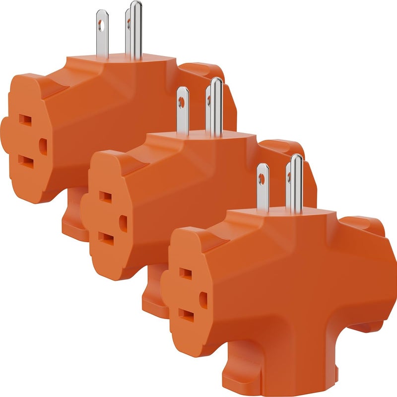 PLUGTUL 3 Way Plug Adapter, 3 Plug Wall Adapter, 3 Prong, Grounded, 15A, 1875W, Multiple Plug Expander for Home, Outdoor, ETL Listed, Orange, 3PACK - Image 1